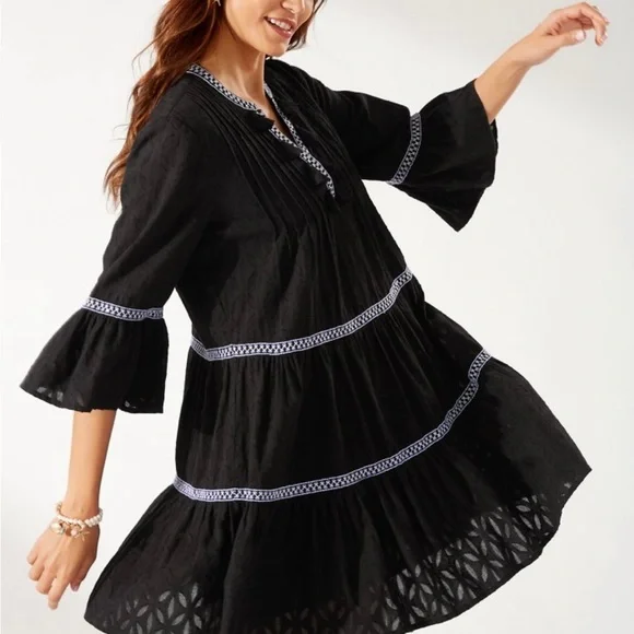 Tommy Bahama Women's Cotton Clip Embroidered Tier Dress, Black, Xs